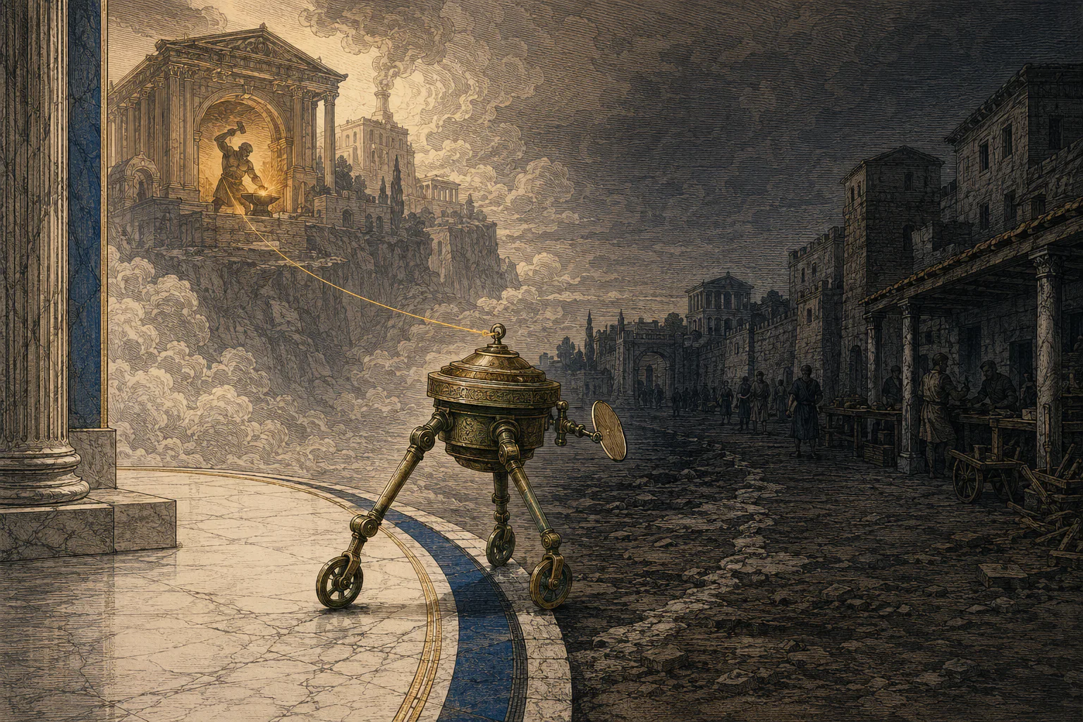 A wheeled bronze tripod leaving Hephaestus’s forge and entering an ancient city