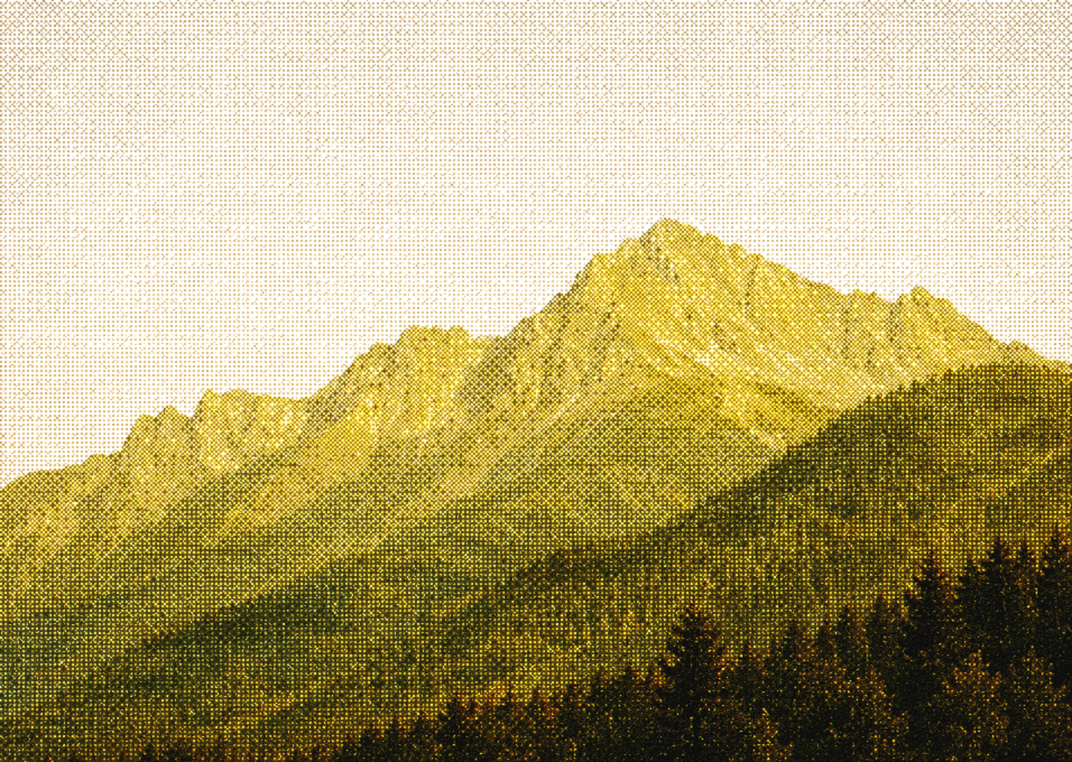 A sunlit mountain landscape rendered with a yellow dither pattern